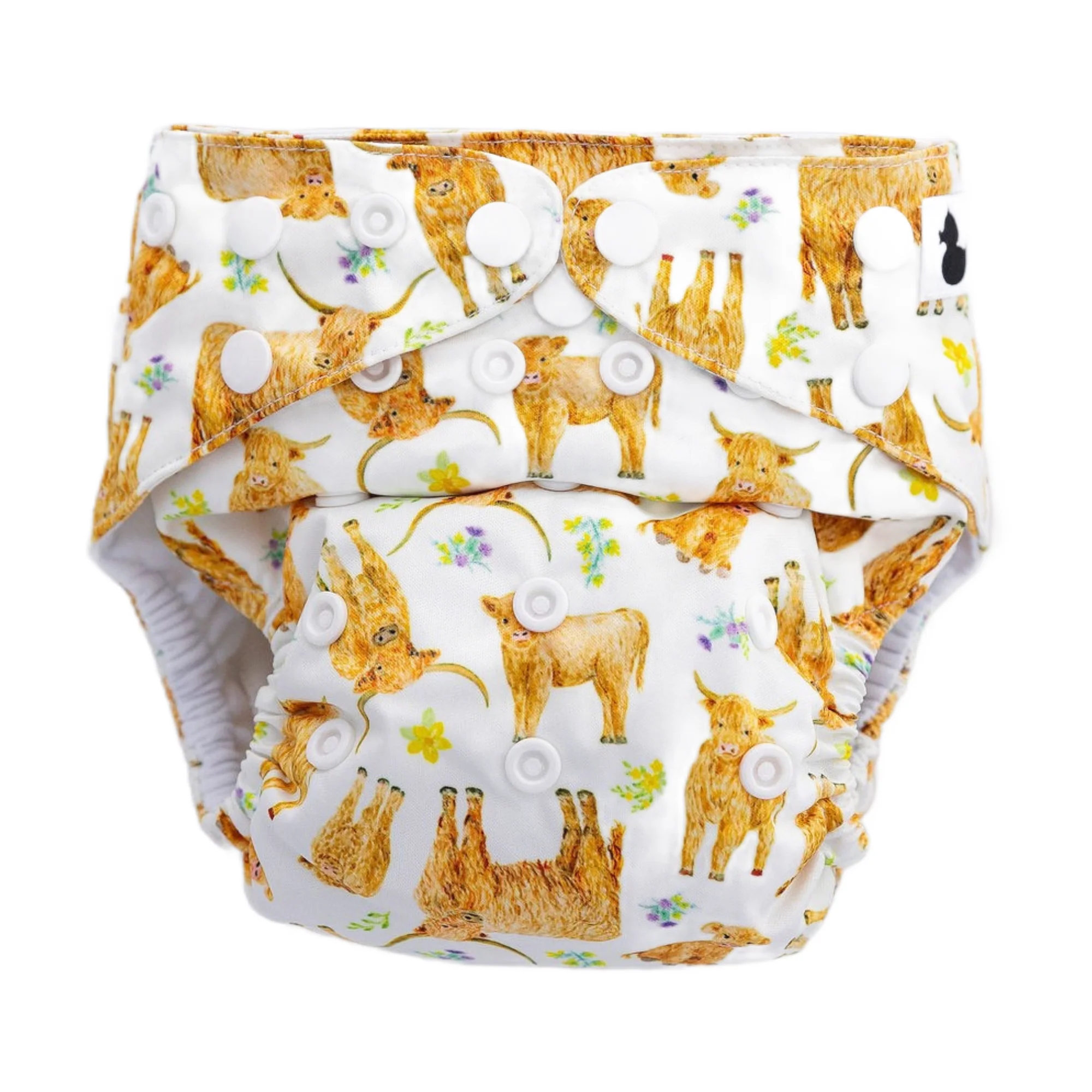 Highland Cow OSFM nappy with snap buttons for easy adjustments