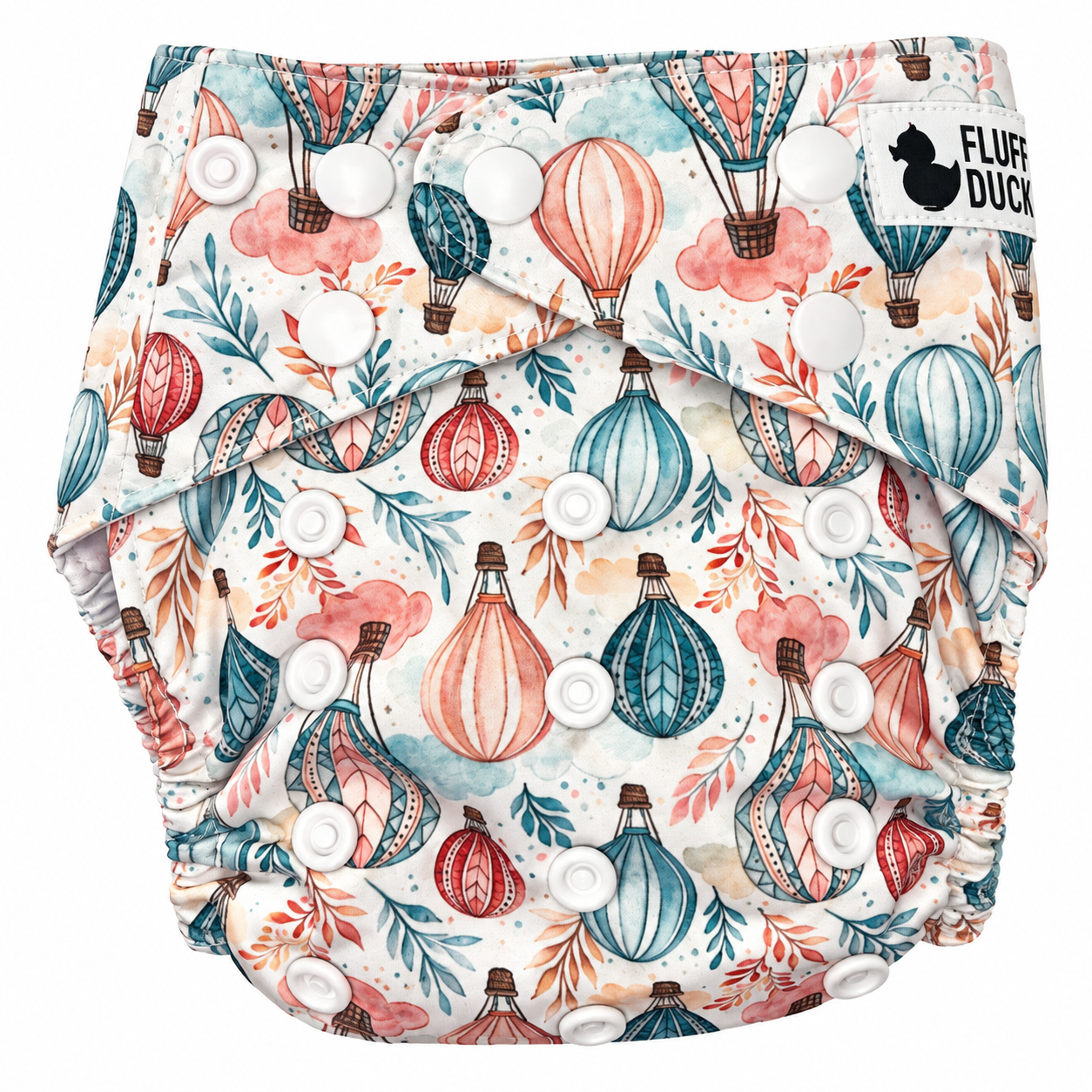Up and Away OSFM nappy with colourful cloud print