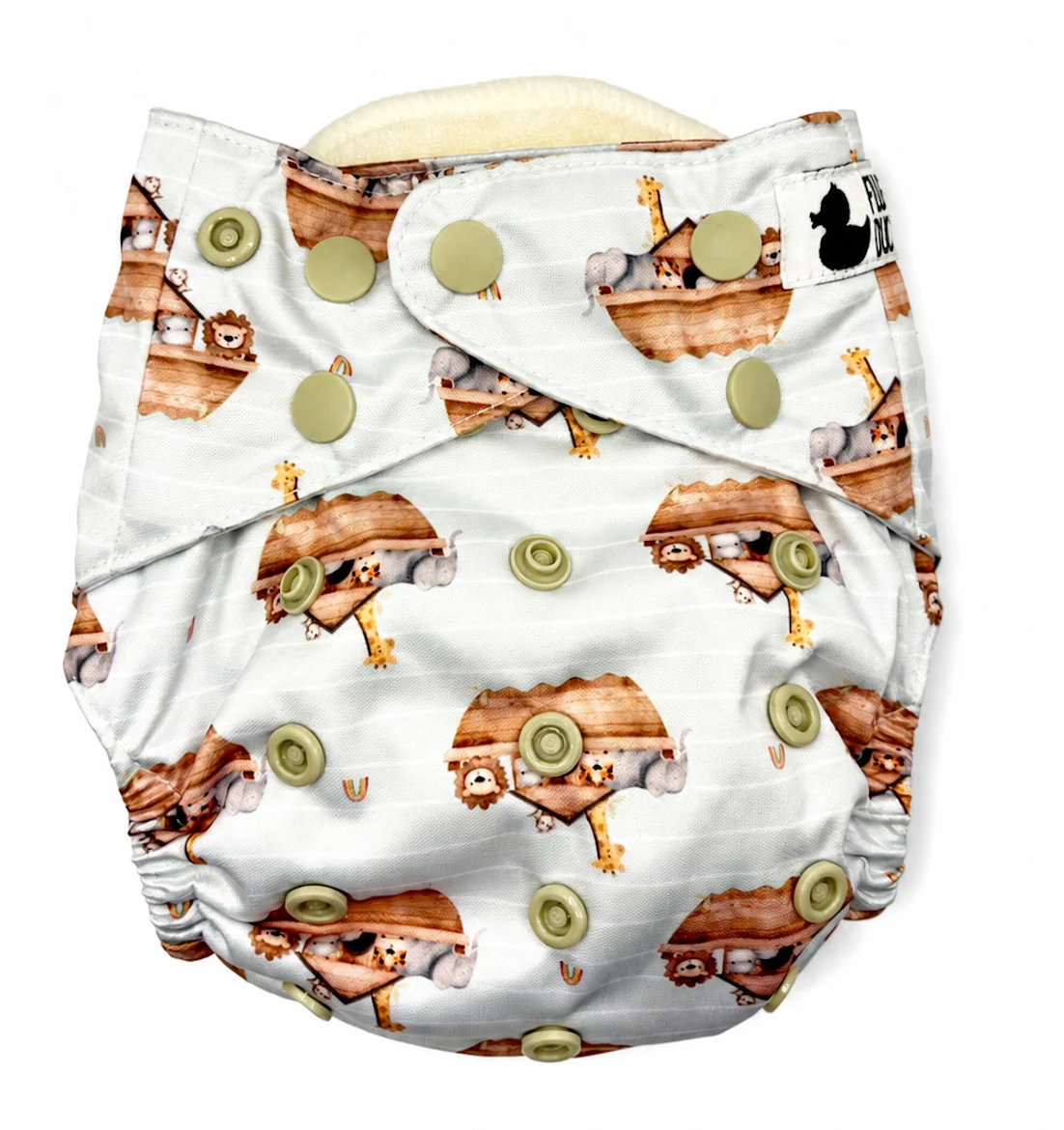 Safari Ark OSFM nappy by Fluffy Ducks, featuring vibrant animal print
