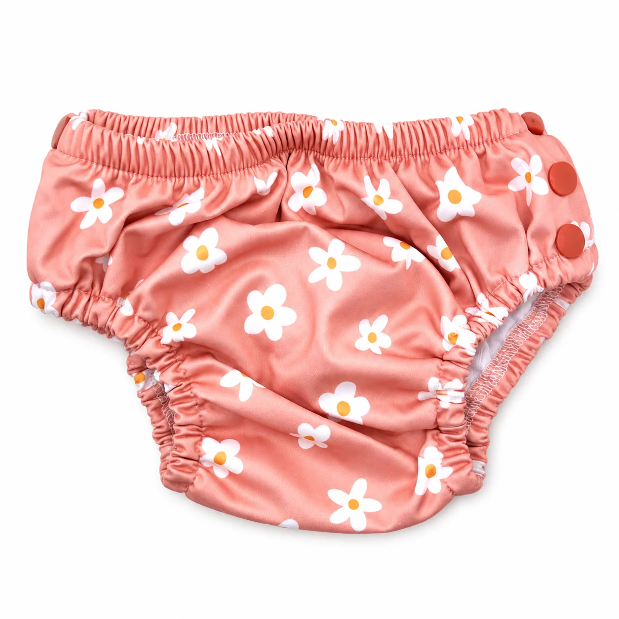 Fluffy Ducks Pink Daisies Swim Nappy showcasing its vibrant design