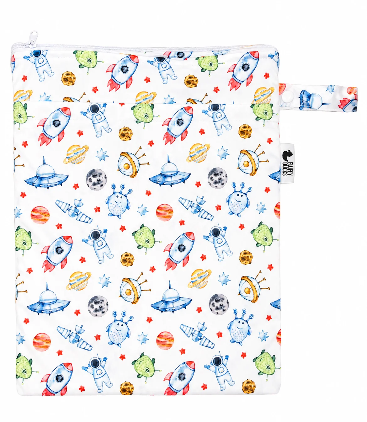 Outer Space Double Pocket Wet Bag by Fluffy Ducks with zip closures