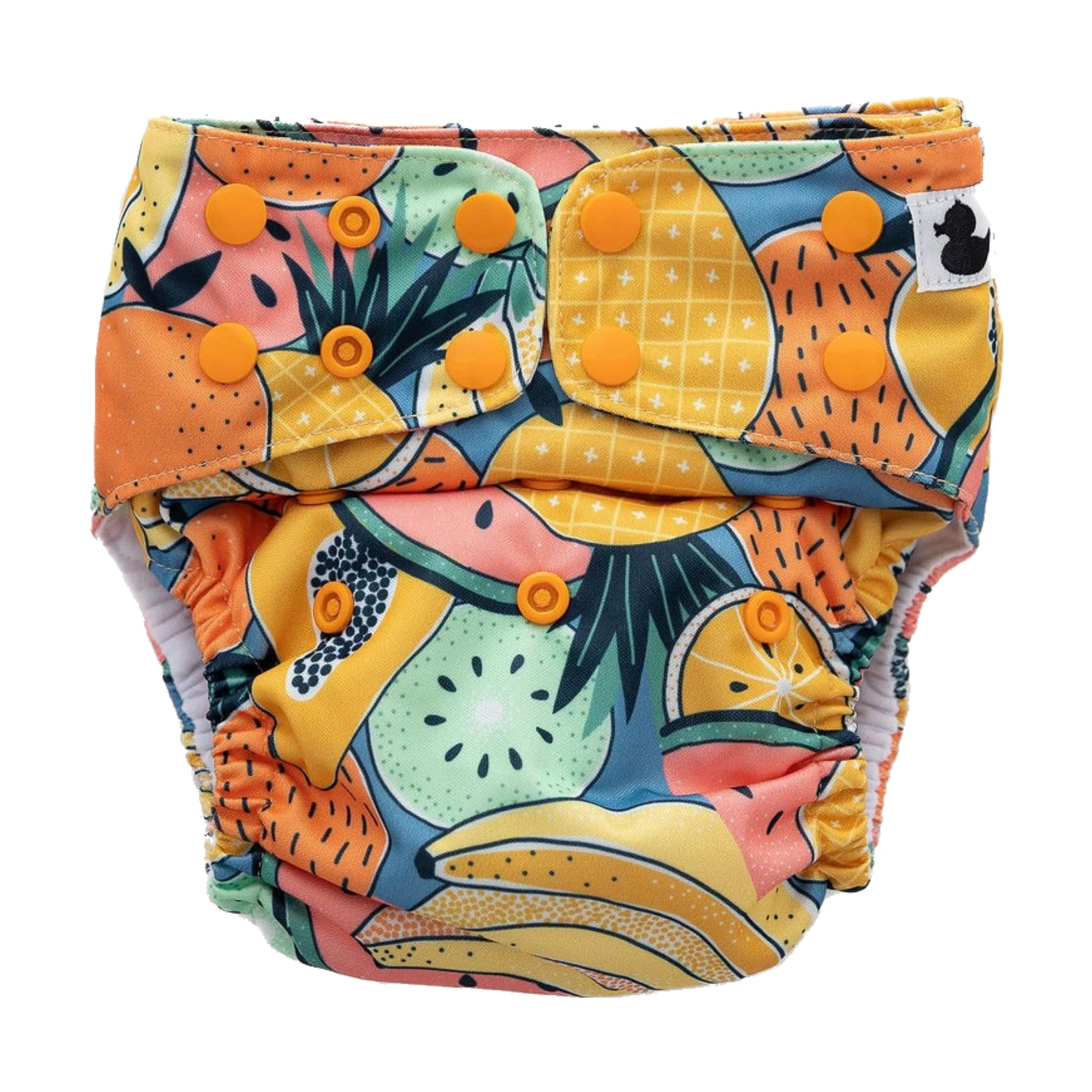 Fluffy Ducks Fruit Salad XL Toddler Nappy on a neutral background